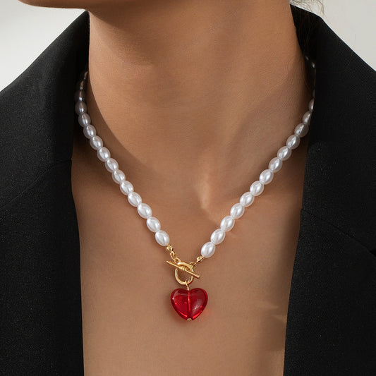 Retro Red Heart-Shaped Pendant Necklace For Women